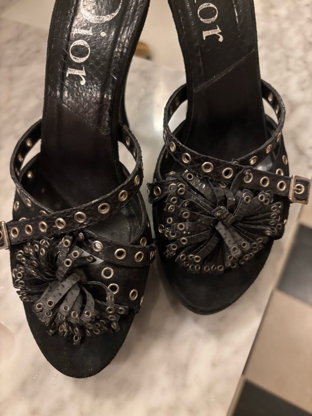 Dior Black Eyelet Slide Mules - Picture 4 of 7